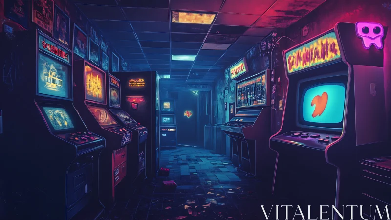 Dimly lit arcade corridor with neon cabinets and debris.