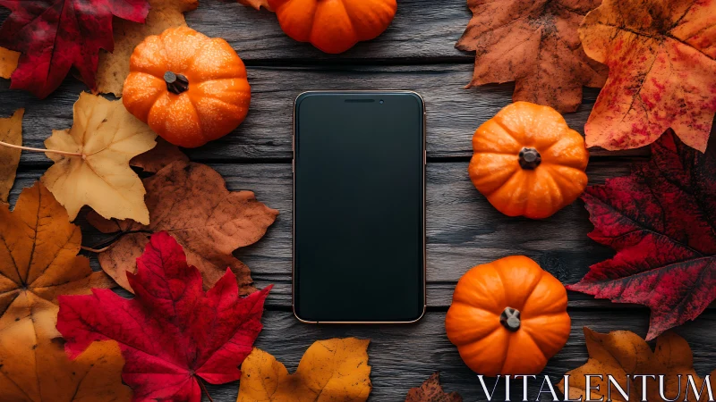 Autumn Harvest Smartphone Display on Weathered Wood Surface.