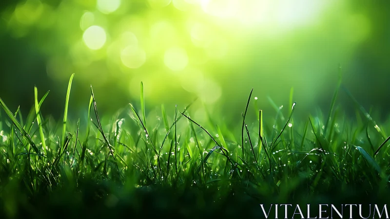 Morning grass closeup under soft green bokeh light.