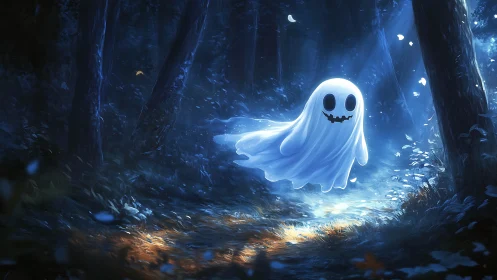 Cheerful little ghost drifts through a moonlit forest path