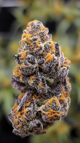 Frosted purple cannabis bud with vivid orange hairs close-up.