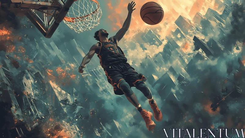 Skyline-slicing dunk over a storm of burning skyscrapers.