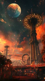 Orbital tower city under blazing nebula sky at dusk.