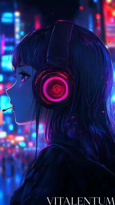 Neon-lit girl listens through glowing headphones in city night