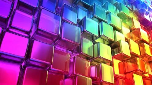 Chromatic glass cubes form luminous modular gradient wall.