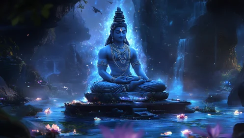 Serene blue deity meditating in luminous waterfall grotto