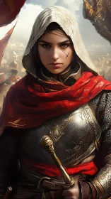 Hooded armored figure with red scarf in historic city scene.