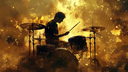 Silhouetted drummer immersed in fiery abstract golden haze