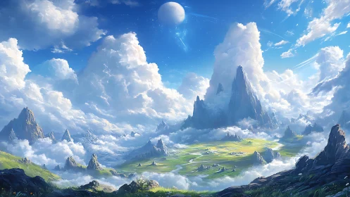 Celestial mountain realm with luminous clouds and twin moon.