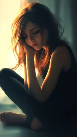 Digital painting of pensive girl in dramatic side lighting.