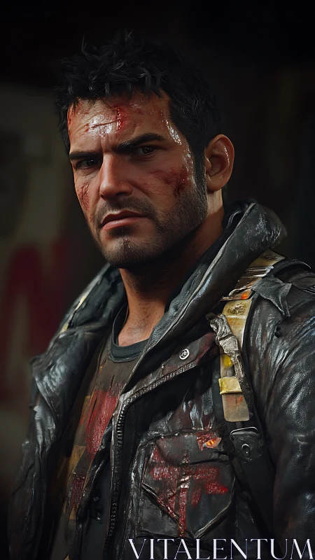 Battle-hardened survivor stands in dim, rain-slick urban ruin