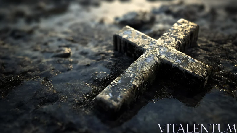 Weathered stone cross resting on wet textured ground surface.