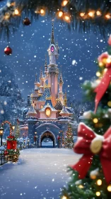 Snow covered fantasy castle framed by Christmas lights