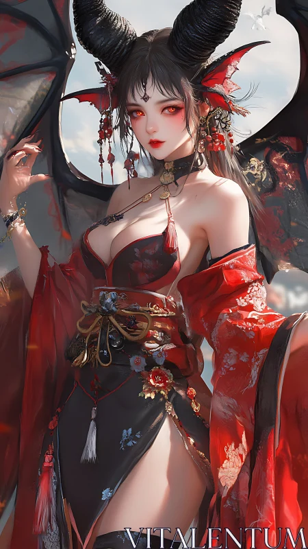Demonic winged enchantress stands in ornate crimson silk