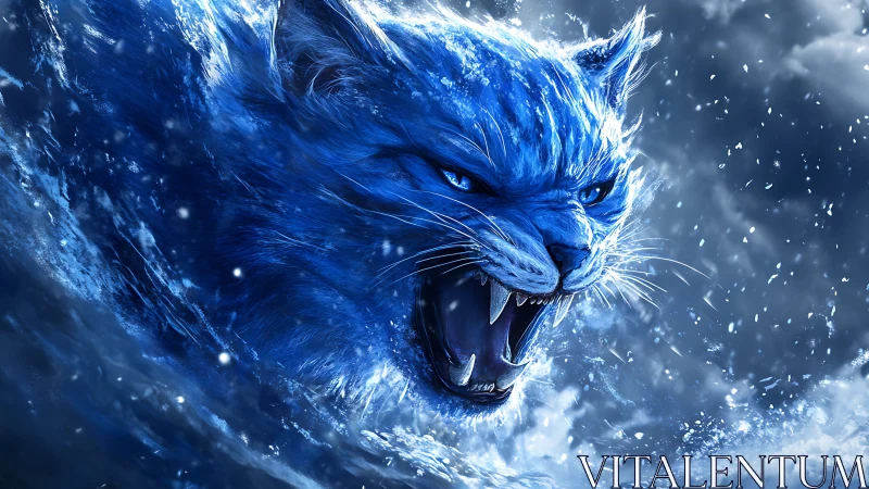 Blue spectral wildcat roaring amid swirling icy storm.