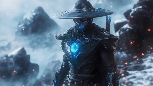 Frostborn warrior in glowing armor walking through icy dusk.