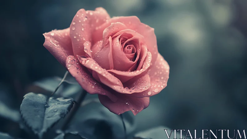Pink rose with dew drops against soft blue background