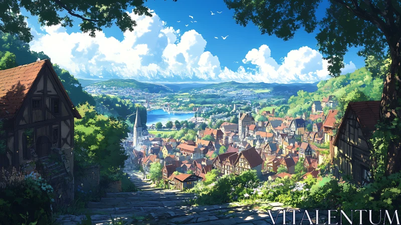 Sunlit hillside path overlooks dense riverside medieval townscape