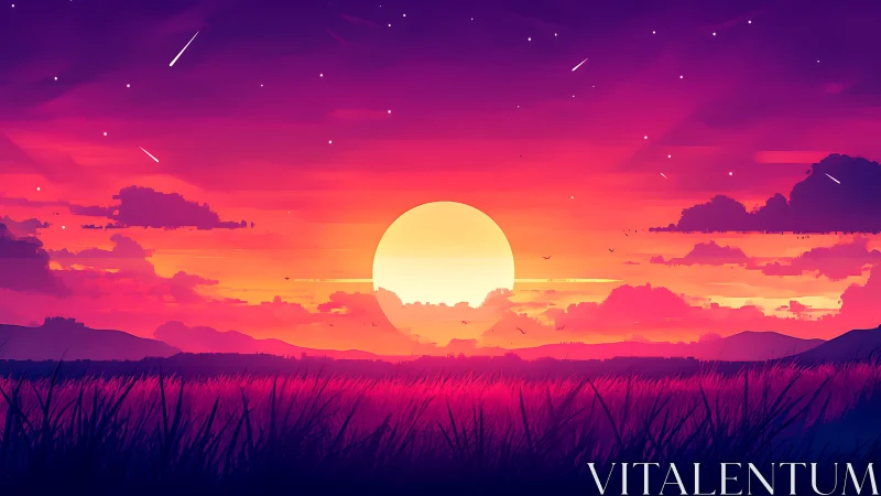 Vivid digital sunset over grassy field and distant hills.