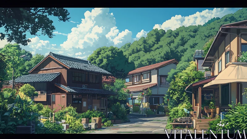 Sunny hillside village street rests under billowing clouds.