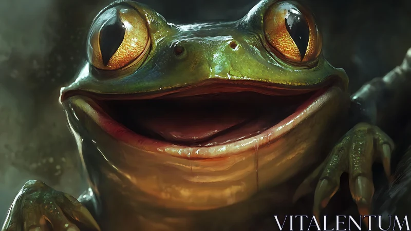 Macro close-up of glossy green frog with reflective wet skin