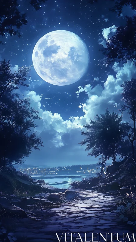 Full moon illuminates rocky path toward distant lakeside town