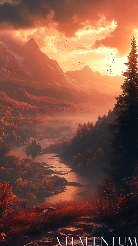 Sunlit alpine valley renders with volumetric haze and warm scattering