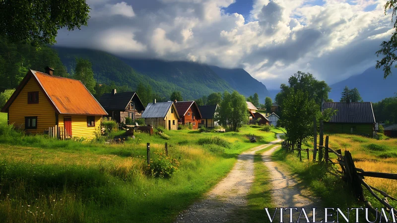Sunlit village lane meanders toward brooding mountain clouds.