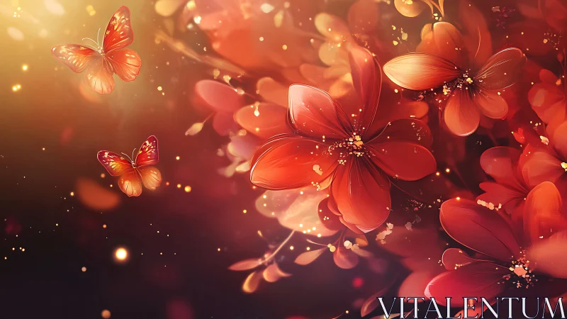Luminous Red Flora: Digital Rendering with Butterflies and Bokeh.