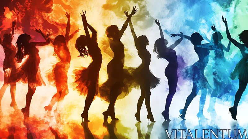 Colorful dancing silhouettes celebrate joyful expressive motion