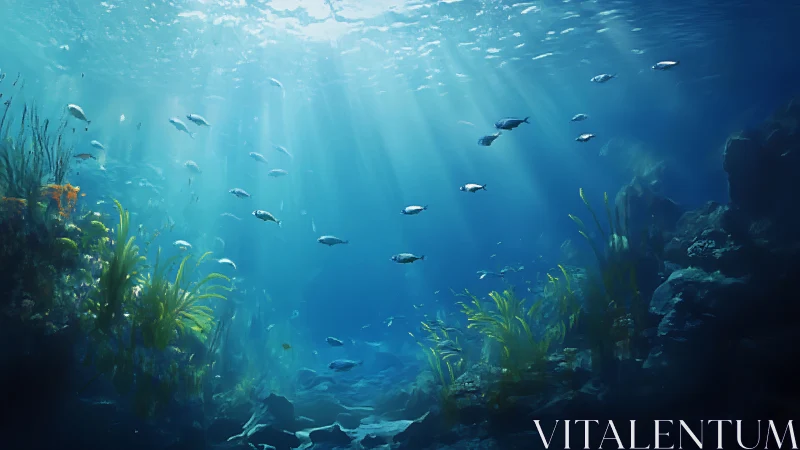 Sunlit reef meadow where silver fish drift through hush.