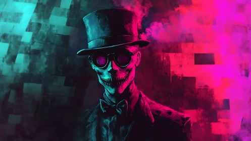 Neon skull gentleman in hat radiates eerie cyber glow.