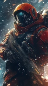 Armored space soldier grips rifle amid flying debris