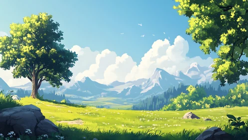 Sunlit mountain meadow with trees and distant peaks.