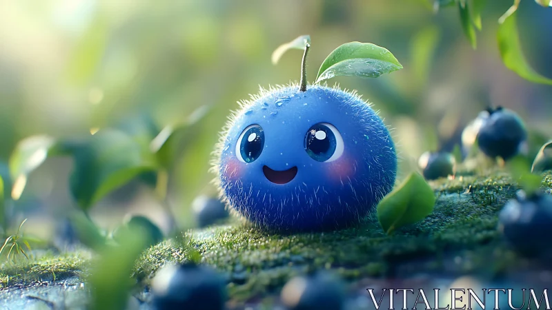Furry blue berry character rendered on mossy forest floor
