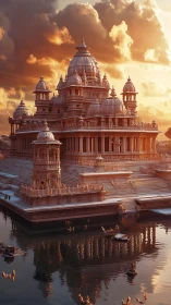 Photorealistic riverside temple in cinematic sunset light.