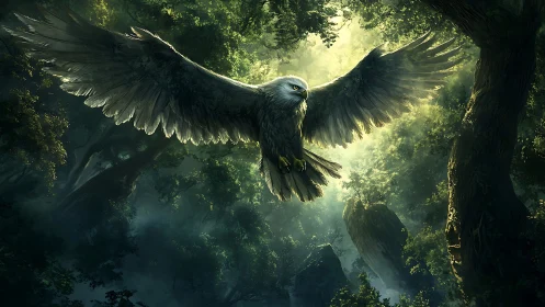 Majestic Owl Soaring Through Enchanted Forest in Fantasy Art Style.
