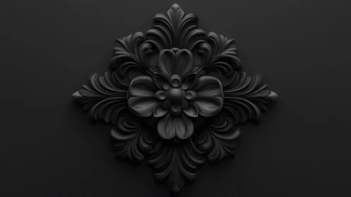 Ornate black floral relief in elegant baroque style on dark background.