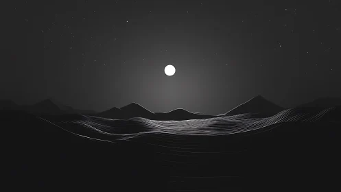 Minimal moonlit dunes under stars in monochrome horizon.