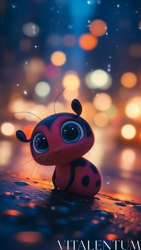 Cartoon ladybug with large eyes on wet city street.