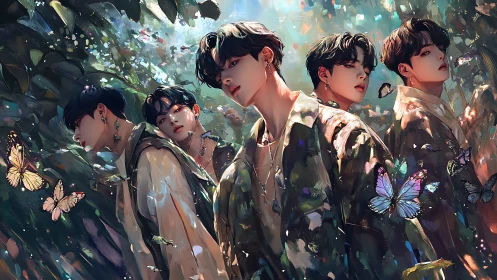 Digital painting of ethereal boy band within luminous forest canopy.