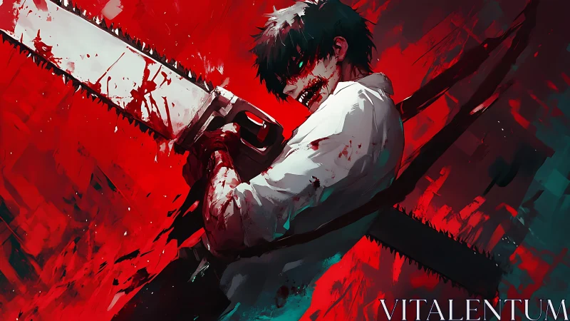 Storm of red and steel around a defiant, bloodied fighter.