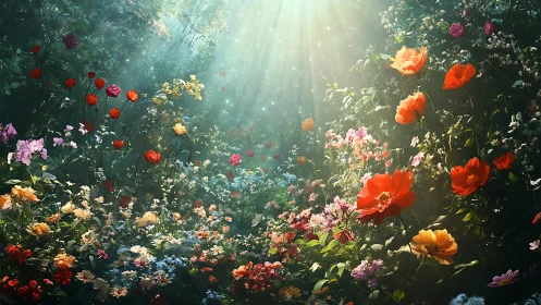 Luminous Garden: Vibrant Flower Field Bathed in Golden Sunlight.