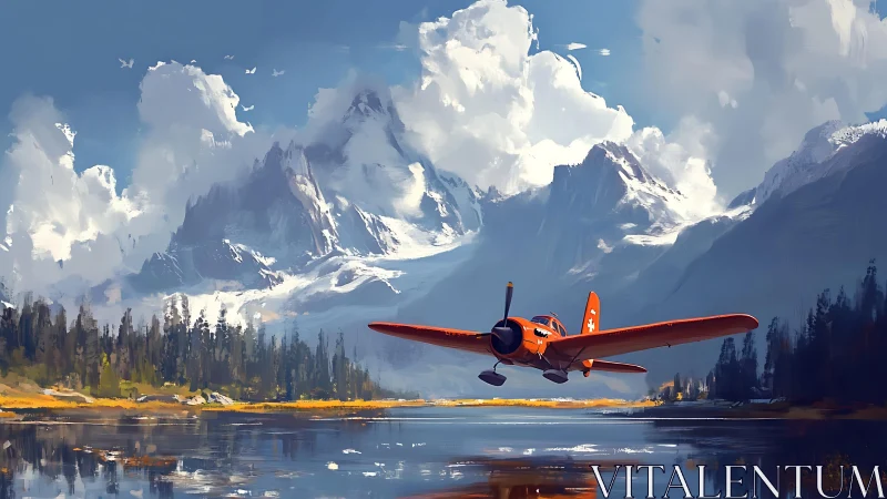 Orange bush plane skimming a quiet alpine lake at dusk.