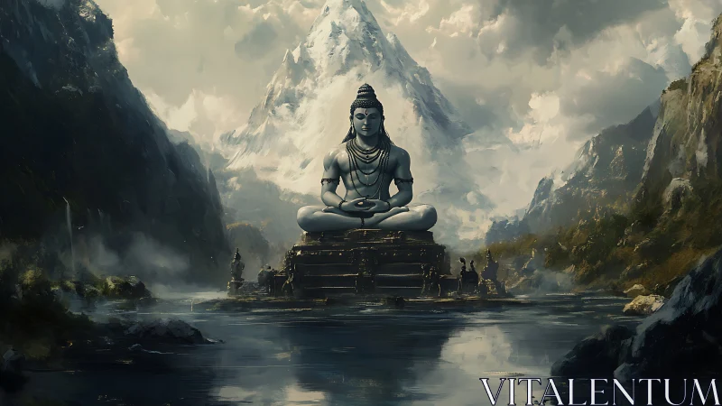 Serene mountain god watching over a misty hidden valley.