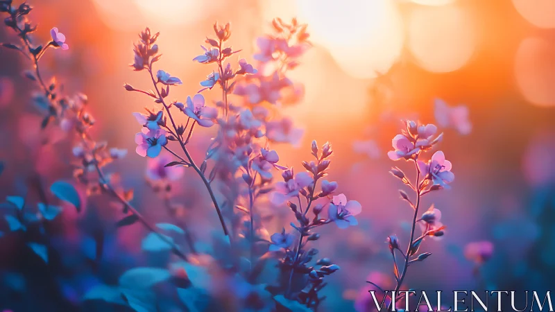 Purple Flowers Bloom Against Golden Sunset