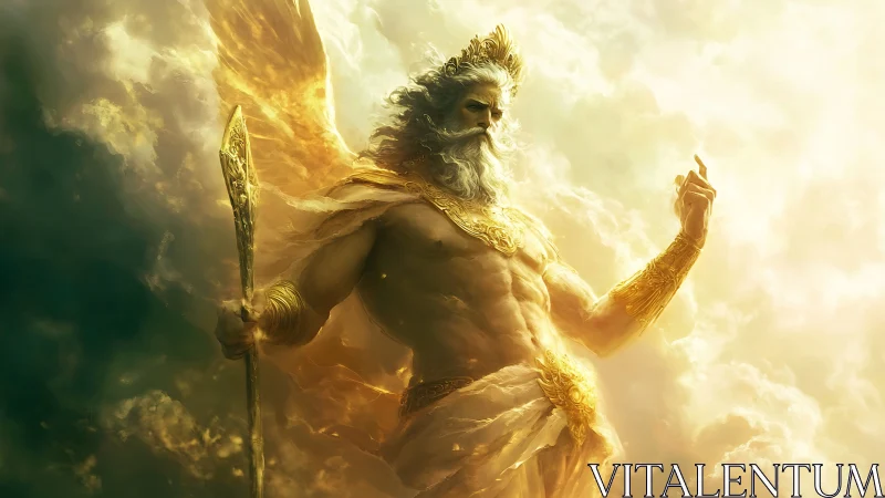 Mythic bearded figure with golden armor amid bright clouds.
