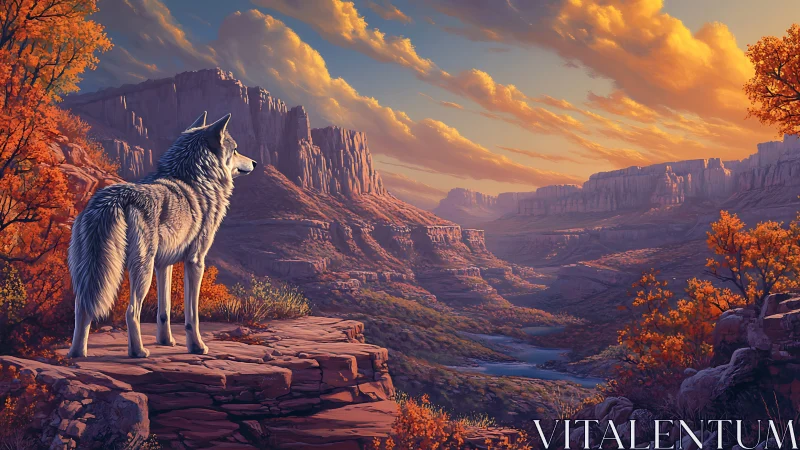 Lone gray wolf surveys vast autumn canyon at sunset