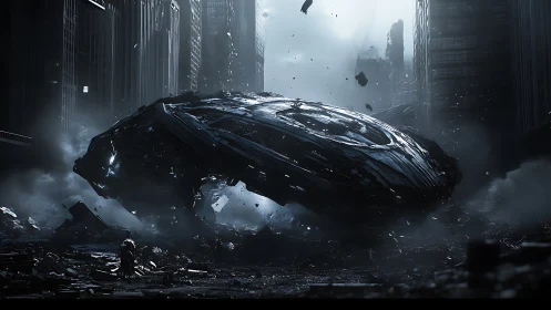 Craterside inspection of levitating wrecked alien disccraft.