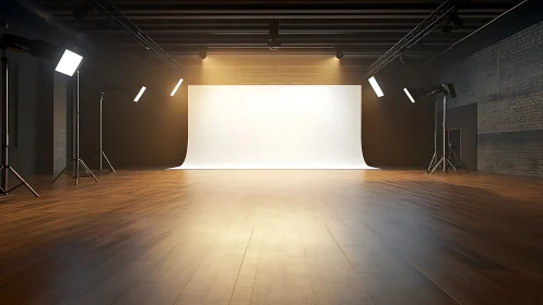Wide-angle view of professional cyclorama studio lighting setup.